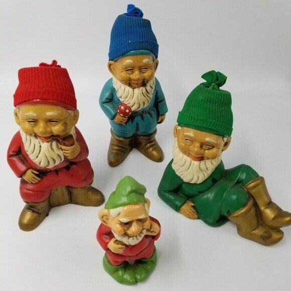 Elves Troll Gnomes Knit Caps Green Red Blue Figurines Hand Made Set 4 - Picture 2 of 10